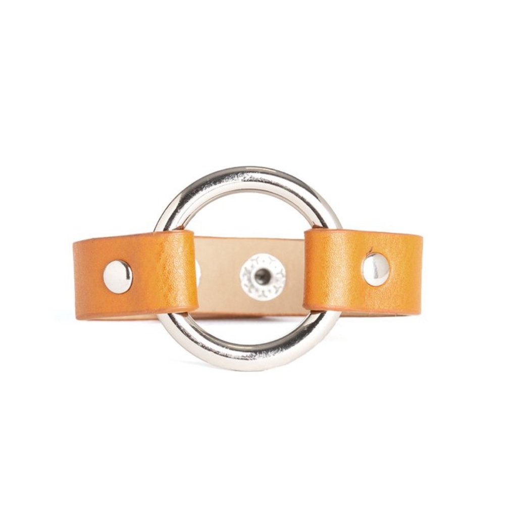 Yellow Leather Strip & Oversized Silver Ring Wrap/Snap Rustic Rodeo Bracelet